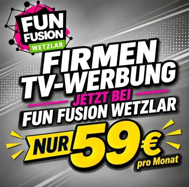 Unglaublicher Aktionsrabatt! 

📺 TV-Werbung bei Fun Fusion Wetzlar Nur bis zum 31.12.2026: 59 € zzgl. MwSt. pro Monat!
Vertragslaufzeit: 12 Monate

Erreiche Familien, Eltern und regionale Besucher direkt dort, wo sie ihre Freizeit verbringen. Dein 15-Sekunden-Werbespot läuft täglich in Dauerschleife auf unserem großen TV-Screen und sorgt für zahlreiche Sichtkontakte.

✅ Direkte Werbung im Park
✅ Hohe Aufmerksamkeit ohne Streuverluste
✅ Wiederholte Ausstrahlung in Endlosschleife
✅ Begrenzte Werbeplätze verfügbar

📩 Jetzt unverbindlich für Infos anfragen: ✉️ mk@funfusion-wetzlar.de
📞 0151 2404 7794
