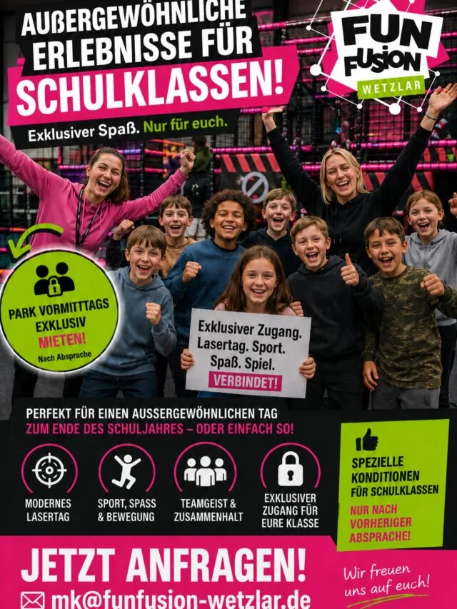 Schulklasse, aber mal anders! 🎒✨

Ihr sucht noch nach einem besonderen Erlebnis für eure Klasse – zum Ende des Schuljahres, als Belohnung, Wandertag oder einfach für einen außergewöhnlichen gemeinsamen Vormittag?

Bei uns im Fun Fusion Wetzlar könnt ihr den Park nach Absprache vormittags exklusiv für eure Schulklasse mieten. Das bedeutet: viel Platz, Bewegung, Teamgeist und jede Menge Spaß – nur für euch.

Ob Lasertag, Sport, Spiel, Action oder gemeinsames Auspowern: Bei uns wird aus einem normalen Schulausflug ein Erlebnis, das die Klasse wirklich zusammenschweißt.

Für Schulklassen bieten wir nach Absprache spezielle Konditionen an.

📩 Jetzt anfragen:
mk@funfusion-wetzlar.de

Wir freuen uns auf euch! 💚💗

#FunFusionWetzlar #Schulklasse #Schulausflug #Wandertag #Klassenfahrt Schuljahresende