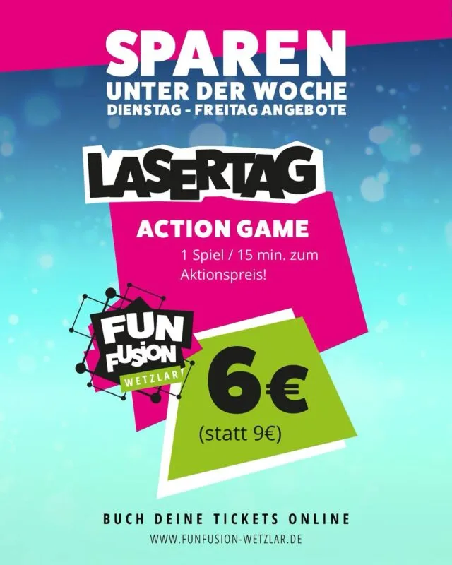 🎯 Ready, set, LASER! 🔫✨ Unter der Woche wird’s jetzt noch spannender bei uns im Fun Fusion Wetzlar! 😎 Von Dienstag bis Freitag erwartet euch unser Laser Tag Angebot – Action, Taktik und jede Menge Spaß garantiert! 🚀💥

💡 Schnapp dir deine Freunde, stellt euch der Herausforderung und zeigt, wer der wahre Laser-Tag-Champion ist! 🏆🔥

📍 Jetzt vorbeikommen und das Abenteuer starten!

#FunFusionWetzlar #LaserTag #ActionPur #Wetzlar #Freizeitspaß #TeamChallenge #AfterWorkFun #FreundeTreffen #AbenteuerErleben #Hessen #Freizeitaktivitäten #AdrenalinKick #Familienzeit #TaktikSpiel #FunUndAction
