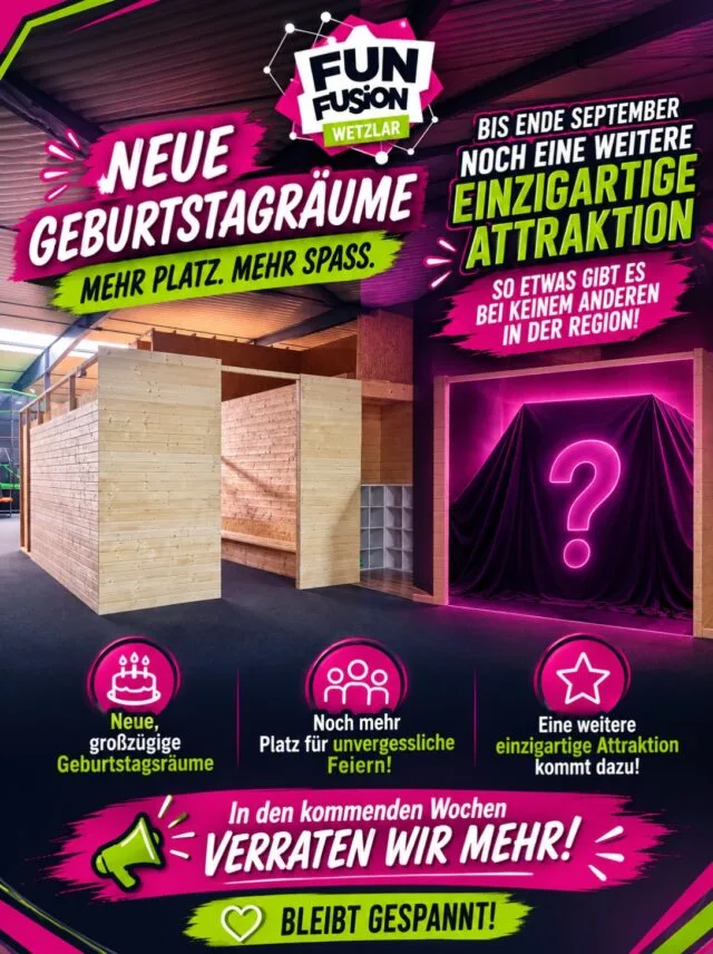 ☀️ Liebe Fun Fusion Fans,

wir nutzen die Sommerzeit, um für euch noch besser zu werden! 🚀

Hinter den Kulissen wird aktuell mit Hochdruck gearbeitet: Wir investieren in eine brandneue Attraktion, die es in unserer Region und sogar weit darüber hinaus bei keinem anderen Anbieter gibt. 🤩

Außerdem erweitern wir unsere Geburtstagsräumlichkeiten und optimieren unsere Geburtstagspakete, damit eure Feiern künftig noch unvergesslicher werden. 🎉

Bis Ende September wird alles fertig sein – und wir können euch schon jetzt versprechen: Es wird ein echtes Highlight!

Ob ihr bereits zu unseren treuen Gästen gehört oder uns bald zum ersten Mal besucht – freut euch auf noch mehr Spaß, Action und einzigartige Erlebnisse.

Bleibt gespannt – in den kommenden Wochen verraten wir nach und nach mehr. Wir freuen uns schon jetzt darauf, euch mit unseren Neuheiten zu begeistern! 💙
