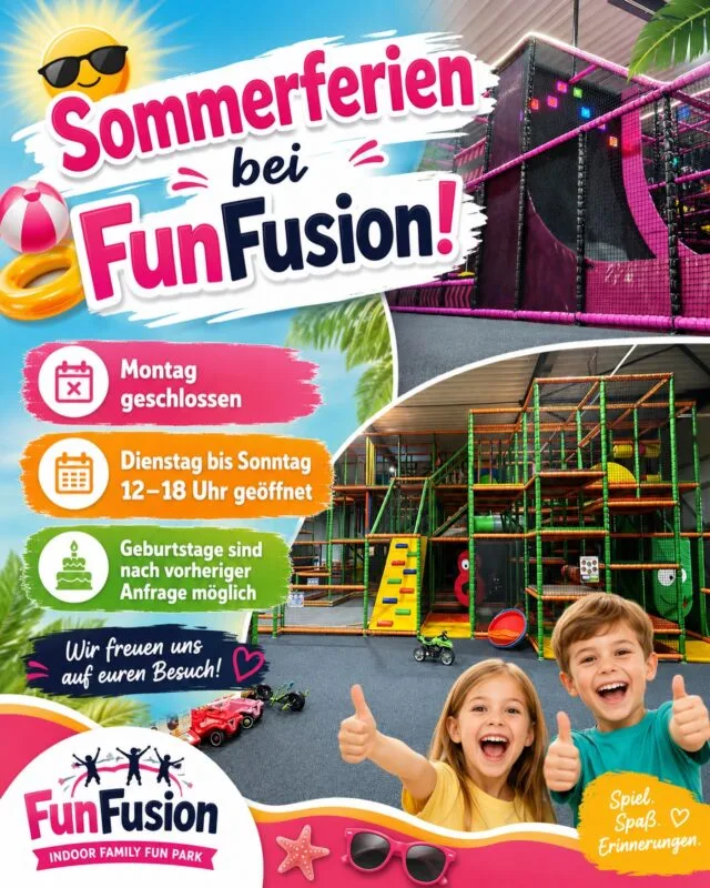 ☀️ Sommerferien bei FunFusion! ☀️

Auch in den Sommerferien sind wir für euch da – mit Spiel, Spaß und Action für die ganze Familie! 🤸‍♂️🎉

Unsere Ferien-Öffnungszeiten:

📅 Montag geschlossen
🕛 Dienstag bis Sonntag: 12:00 – 18:00 Uhr geöffnet

Geburtstage können auch in den Sommerferien stattfinden – bitte einfach vorher bei uns anfragen, damit wir alles passend für euch planen können. 🎂🥳

Wir freuen uns auf euren Besuch und viele schöne Sommerferien-Momente bei FunFusion! 💛

#FunFusion #Sommerferien #Wetzlar #IndoorFamilyFunPark #Kindergeburtstag Familienzeit SpielSpaßErinnerungen