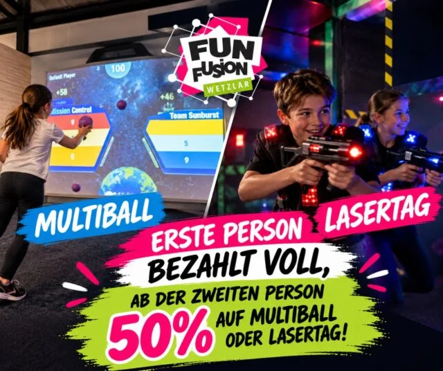 Weniger los. Mehr für euch. 🔥

Dienstag bis Freitag, 15–19 Uhr – die Stunden, in denen bei uns Platz statt Gedränge ist. Und mittendrin das, was es so nur einmal gibt.

⚡ Neue Multiball-Anlage – einmalig in Mittelhessen Interaktive Sport- und Spielwand, 20 Minuten Spielzeit für bis zu 12 Personen.
🎯 1. Runde Lasertag – 15 Minuten Spielzeit Nebel, Neonlicht, Platz für bis zu 20 Personen.

Warum sich das lohnt? Weil die Halle frei ist, ihr euch nicht anstellen müsst und jede Runde wirklich eure Runde ist. Ob Einzelspieler, Familie oder Gruppe – bei uns ist jeder willkommen.

Stellt euch vor: Feierabend, ihr kommt rein, keine Warteschlange – und 35 Minuten später habt ihr Lasertag und Multiball gespielt und dabei die Hälfte gespart. 

Genau das ist der Deal:
• 1 Person: Vollpreis
• Ab der 2. Person: nur 50 % Rabatt
📲 So bekommt ihr das Sparangebot: Zeigt einfach dieses Angebot auf eurem Handy an der Kasse vor – nur bei Vorlage auf dem Handy gibt es den Rabatt. Ohne Nachweis gilt der reguläre Preis.

⏳ Gültig bis 31.12.2026 – verbindlich. Danach läuft das Angebot aus, also nutzt es, solange es läuft.

Nur vor Ort – spontan direkt buchbar. Kein Vorbuchen, kein Aufwand. Einfach vorbeikommen und loslegen.

📍 Fun Fusion Wetzlar Garbenheimer Str. 15–17 35578 Wetzlar 🗓️ Dienstag – Freitag, 15–19 Uhr 

🫶 Wen nehmt ihr mit? Markiert eure Crew in den Kommentaren!
#FunFusionWetzlar #Multiball