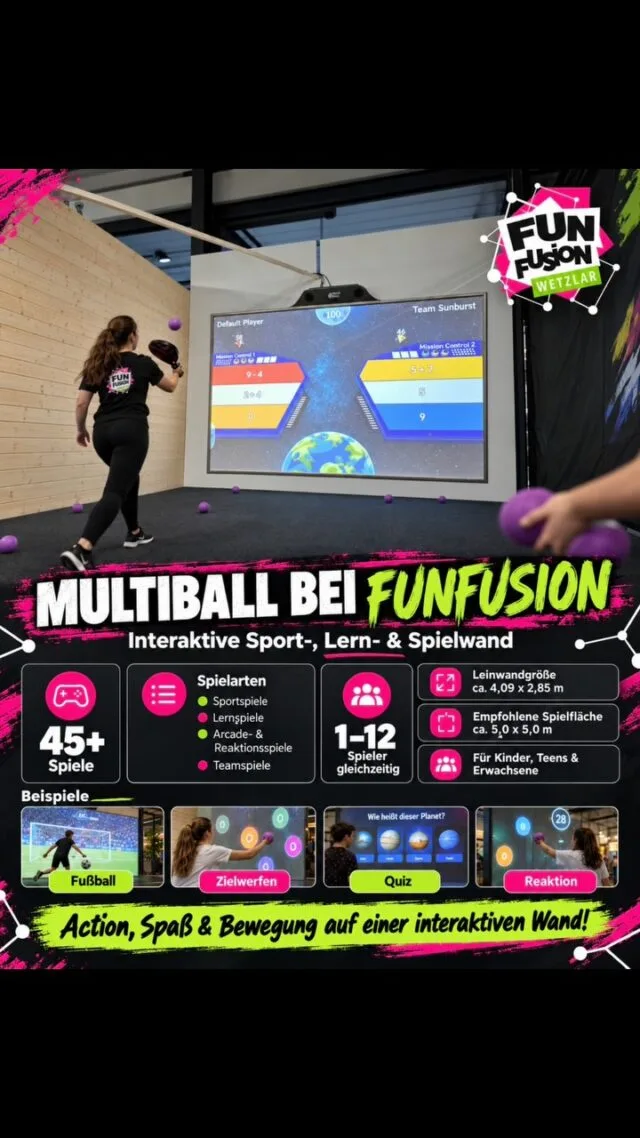 Multiball ist da – und das Beste daran: Es ist wirklich für alle Altersgruppen! 🎯⚽🧠

Ob mit der Familie, mit Freunden, als Schulklasse oder beim Kindergeburtstag: Auf unserer interaktiven Spielwand warten über 45 verschiedene Spiele aus den Bereichen Sport, Lernen, Reaktion, Geschicklichkeit und Teamplay.

👨‍👩‍👧‍👦 Familien
👫 Freunde & Gruppen
🏫 Schulen & Klassen
🎉 Geburtstage
💪 Kinder, Teens & Erwachsene

Bei uns können 1 bis 12 Spieler gleichzeitig loslegen – gemeinsam, gegeneinander oder einfach zum Spaß.

Multiball bei FunFusion Wetzlar – Bewegung, Action und digitales Spielen auf einer Wand.

#FunFusion #FunFusionWetzlar #Multiball #Wetzlar #Familienausflug Kindergeburtstag Schulausflug Freizeitpark IndoorAction Hessen